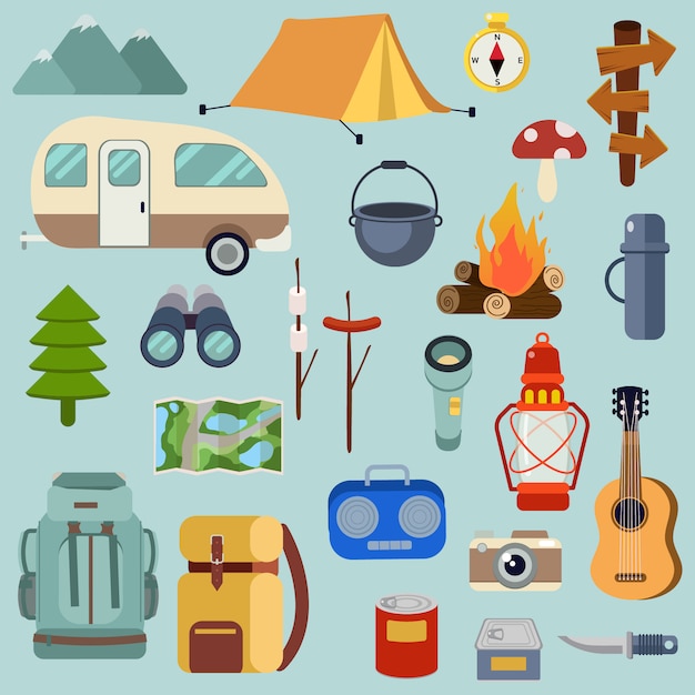 The collection of camping pack set for go to the forest picnic trip. Premium Vector