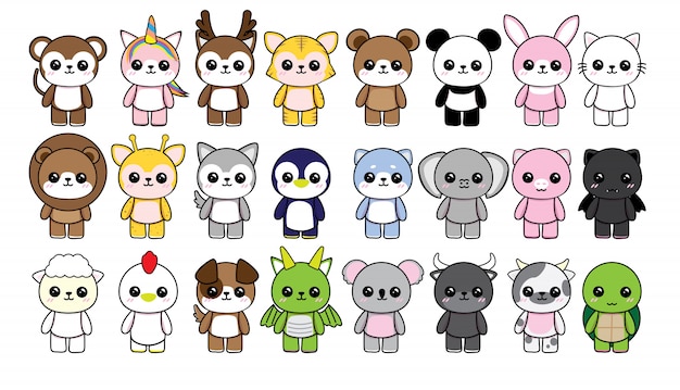 Collection character animals cute kawaii on white background Premium Vector