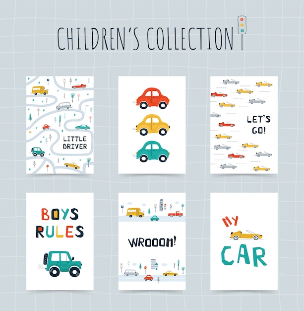 車 道路地図 漫画のスタイルのレタリングのコレクション子供用ポスター 子供部屋のデザインのかわいいイラスト プレミアムベクター