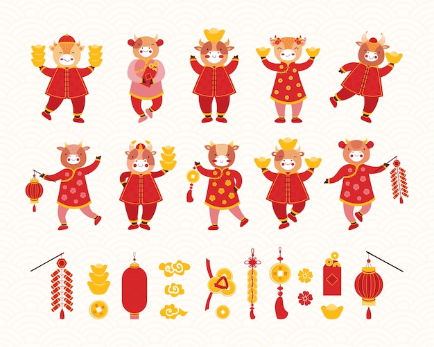 コレクション中国の旧正月21年 赤い伝統的な中国の服とアジアの幸運のシンボルのartoonキッズブルズ 新年の丑のシンボル さまざまなホリデー アイテム プレミアムベクター