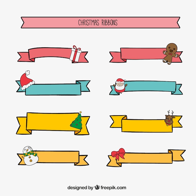 Free Vector | Collection of christmas ribbons with hand drawn ornaments