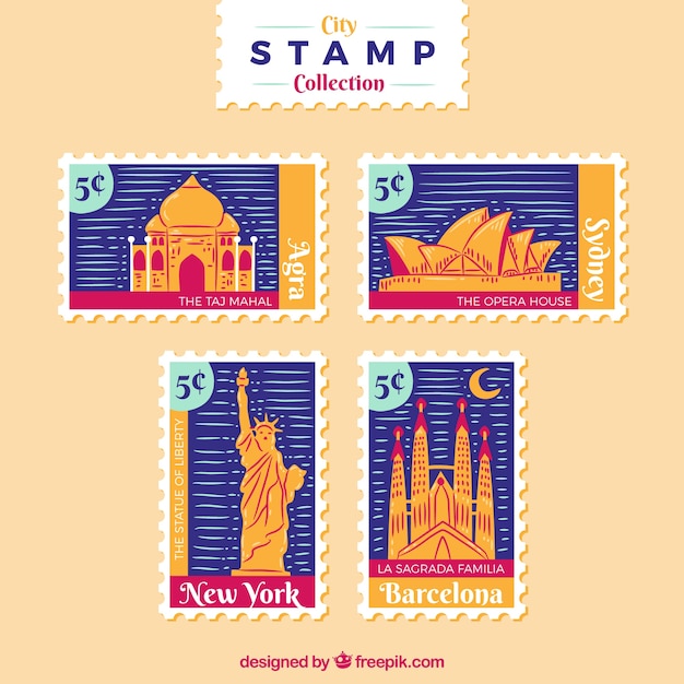 Free Vector | Collection of city stamps with landmarks