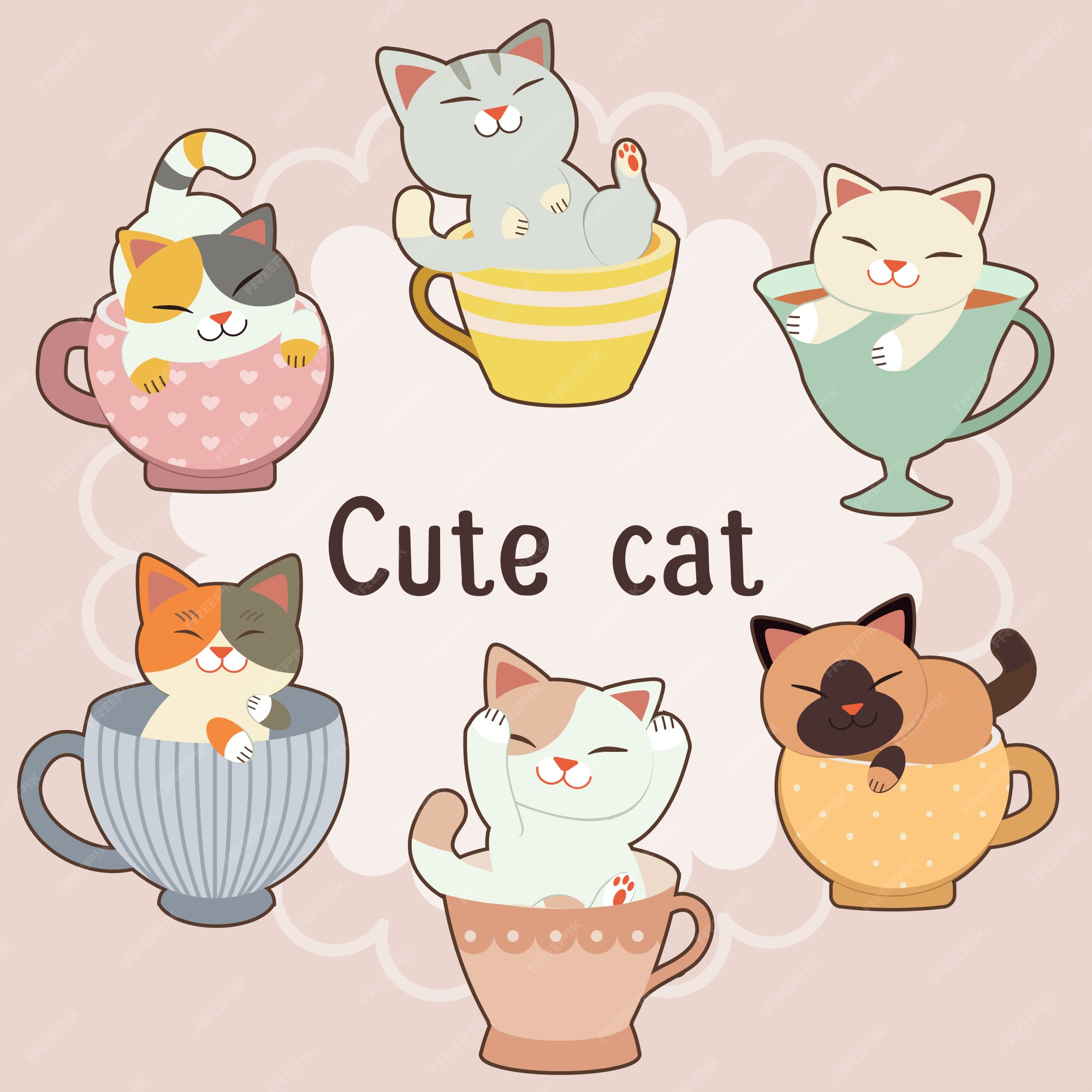 Premium Vector | The collection of cute cat in big tea cup set.