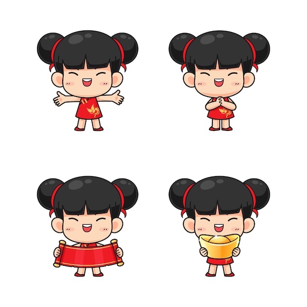 Premium Vector Collection Of Cute Chinese Girl In Red Traditional Costume