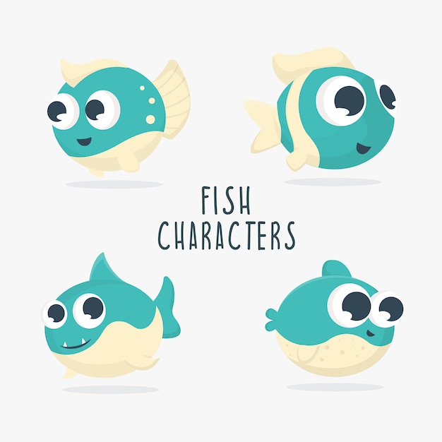 コレクションかわいい魚キャラクターイラスト プレミアムベクター