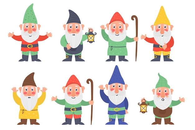 Premium Vector | Collection of cute garden gnomes and dwarfs holding ...