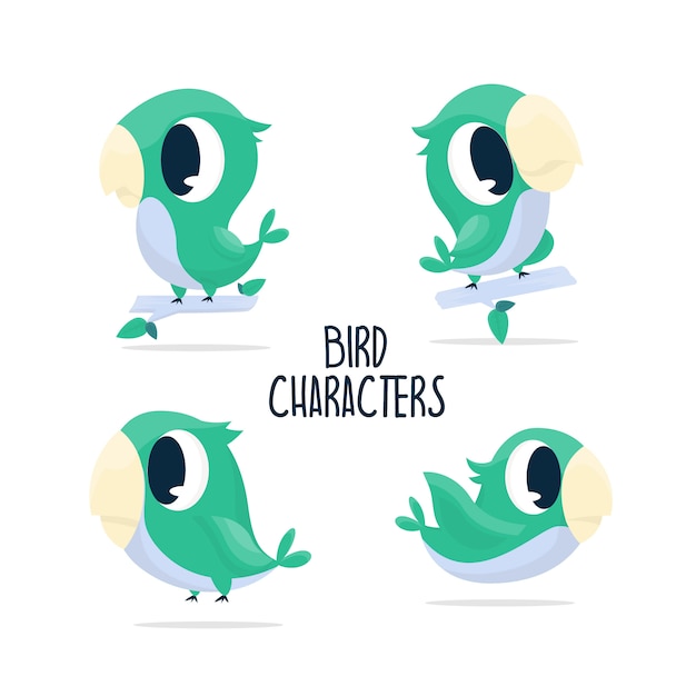 コレクションかわいい緑の鳥キャラクターイラスト プレミアムベクター
