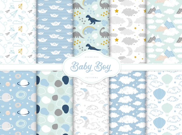Collection of cute seamless patterns for little baby boy nursery Premium Vector
