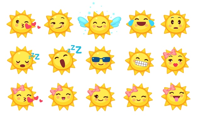 Collection of cute sun emoticons Premium Vector
