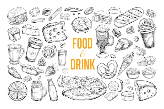 Collection of food and drink isolated on white Premium Vector