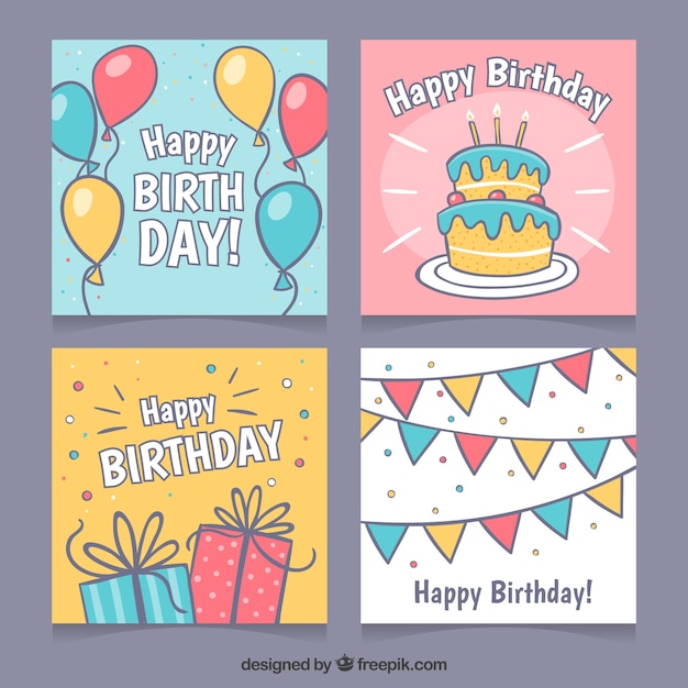 Collection of four hand drawn birthday cards | Free Vector