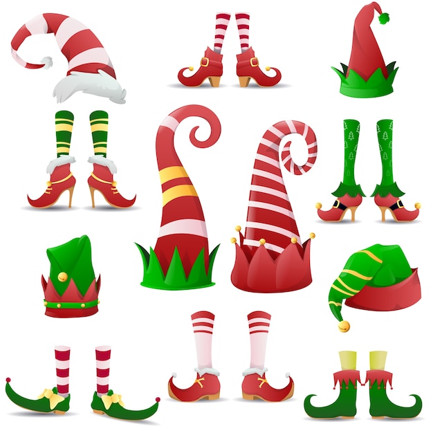 Premium Vector | Collection of funny elves shoes and hats christmas