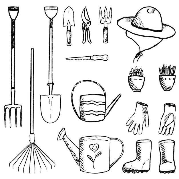 Premium Vector Collection of garden tools, supplies, equipment