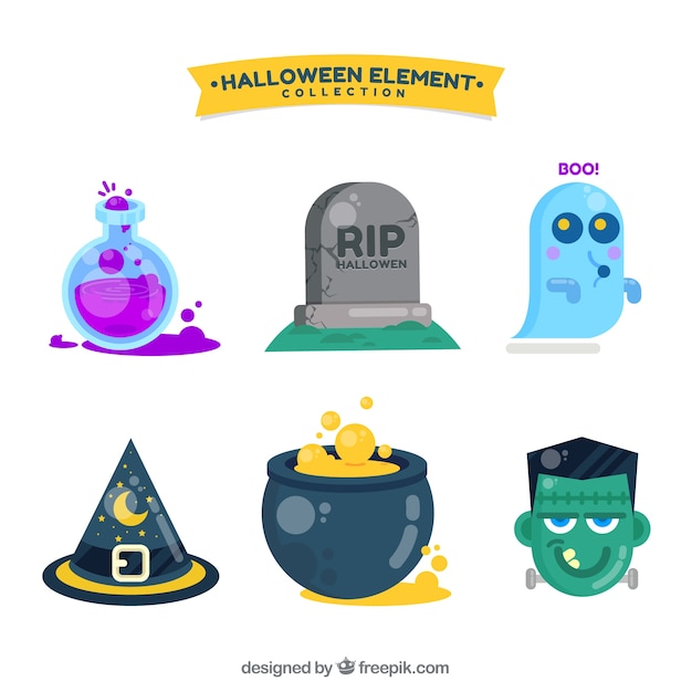 Collection of halloween objects and characters in flat design Free Vector