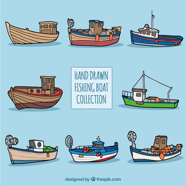 Download Collection of hand-drawn fishing boats Vector | Free Download