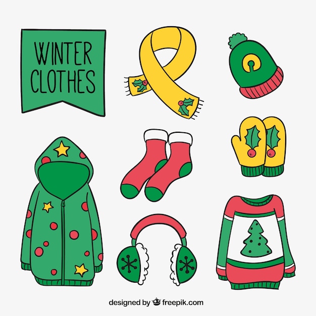 Collection of hand-drawn winter clothes with christmas details  Free Vector