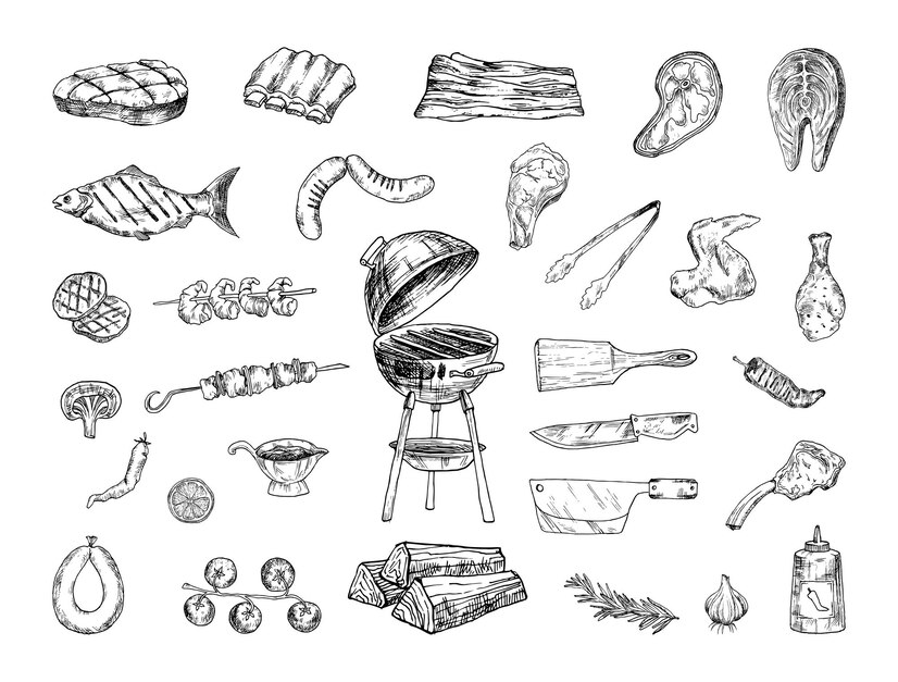 Premium Vector | Collection of illustrations of barbecue in sketch style