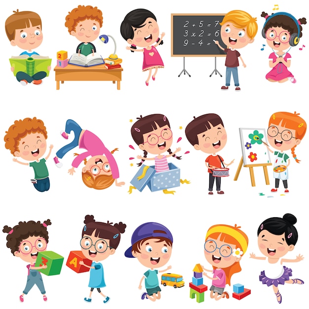 Collection of little cartoon children Premium Vector