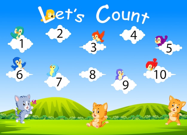 The collection of the number 1 until 10 on the cloud with the bird on it Premium Vector