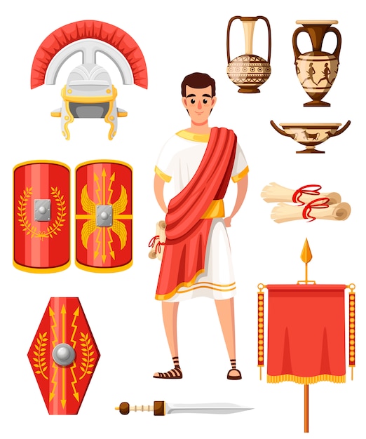 古代ローマのアイコンのコレクション スタイル ローマの服 鎧 武器 家庭用品 漫画のキャラクター 白い背景のイラスト プレミアムベクター