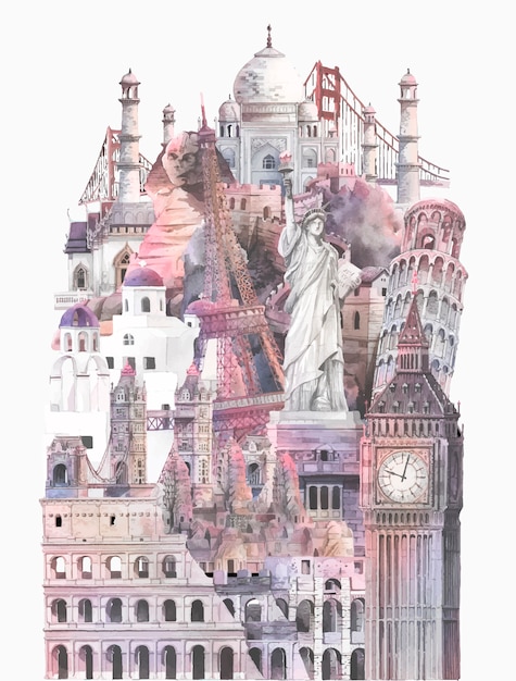 Collection of architectural landmarks painted\
by watercolor