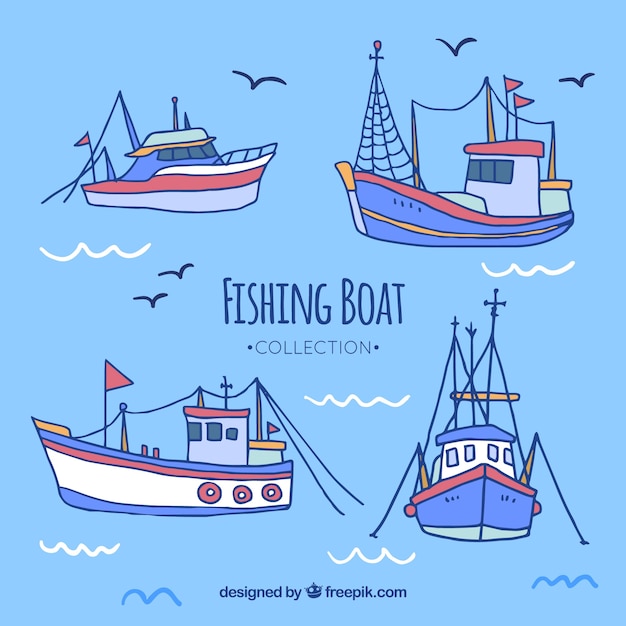 Collection of beautiful hand-drawn fishing\
boats