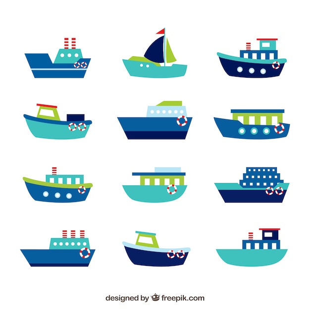 Collection of blue boats with green and red
details