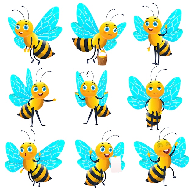 漫画かわいい蜂のコレクション キャラクターセット プレミアムベクター