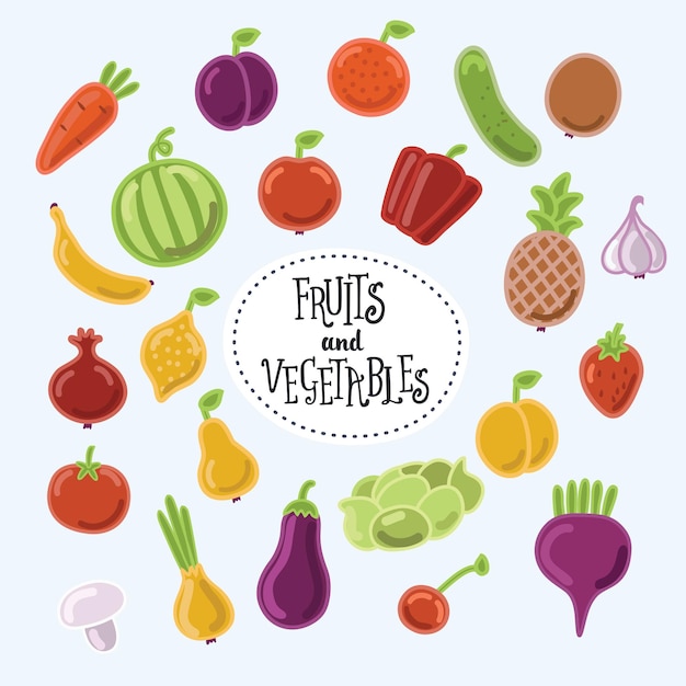 果物や野菜の漫画かわいいイラストのコレクション プレミアムベクター