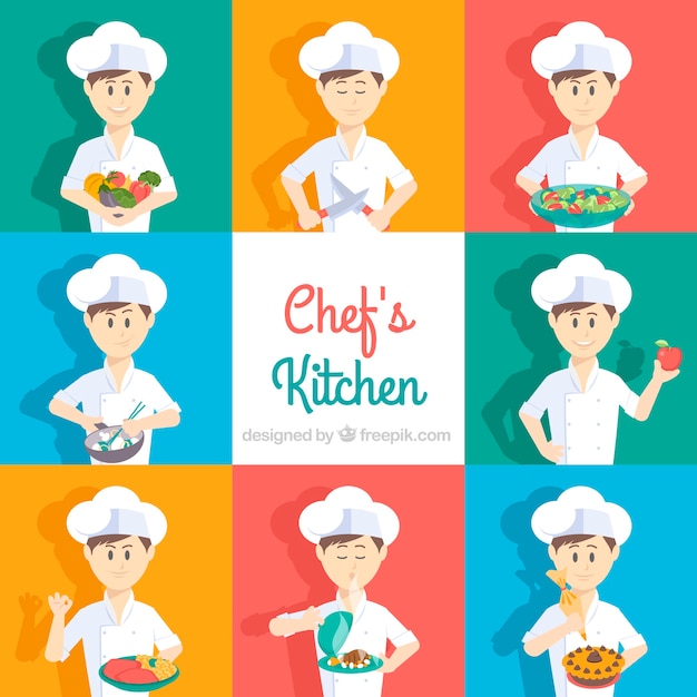 Collection of chef with different ingredients and accessories Vector ...