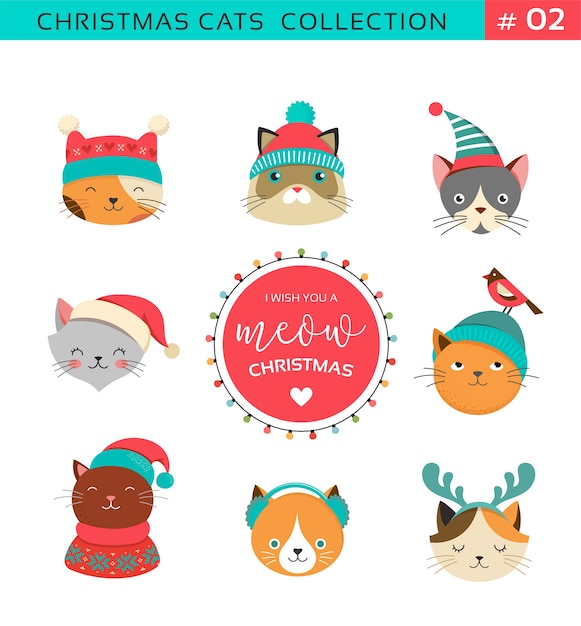 クリスマス猫のコレクション ニットの帽子 セーター スカーフなどのアクセサリーが付いたかわいい猫のメリークリスマスのイラスト プレミアムベクター