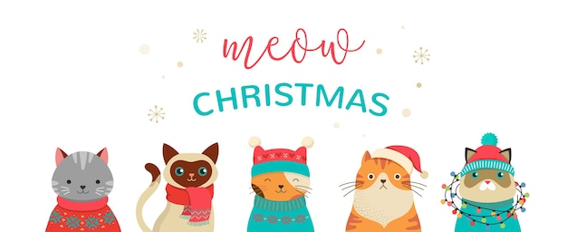 クリスマス猫のコレクション ニットの帽子 セーター スカーフなどのアクセサリーが付いたかわいい猫のメリークリスマスのイラスト プレミアムベクター