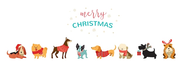 クリスマスの犬のコレクション かわいいペットのメリークリスマスのイラスト プレミアムベクター