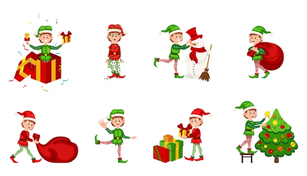 白い背景の上のクリスマスのエルフのコレクション さまざまな位置にあるクリスマスのエルフ サンタクロースヘルパー漫画 かわいいドワーフエルフ楽しい キャラクター サンタクロースヘルパー クリスマスリトルグリーンファンタジー プレミアムベクター