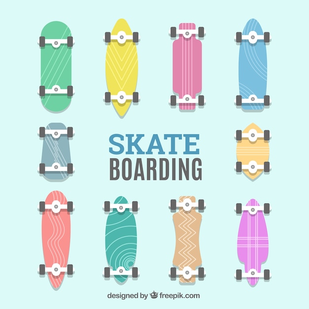 Collection of colored flat skateboard