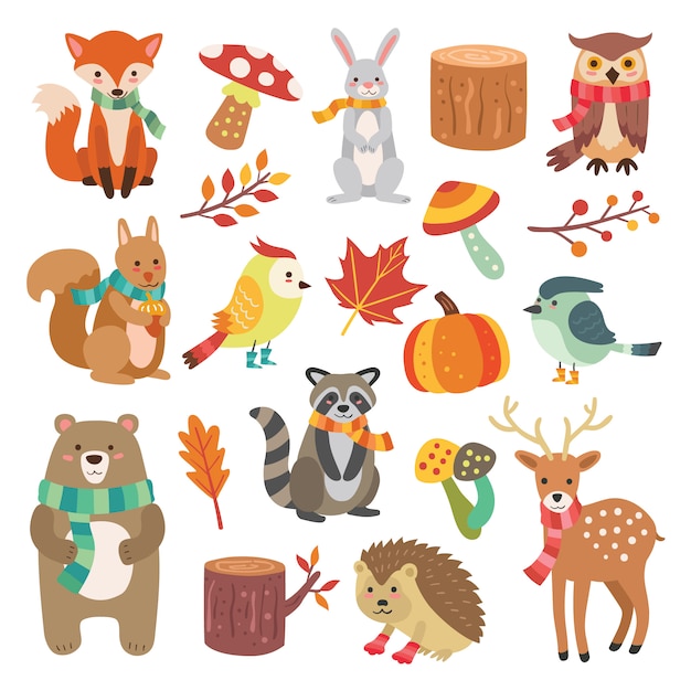 Collection of Cute Autumn Animal Characters and Elements Vector ...