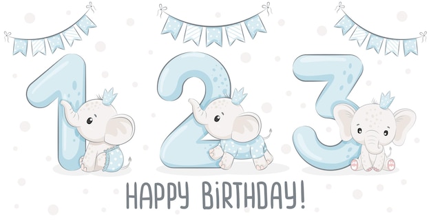 かわいい象の男の子のコレクション お誕生日おめでとう 1 2 3年 漫画のベクトルイラスト プレミアムベクター