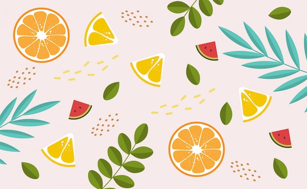かわいい夏の要素 熱帯のバナー スイカ オレンジ レモン 熱帯の葉のコレクションオブジェクト 夏シーズンカード プレミアムベクター