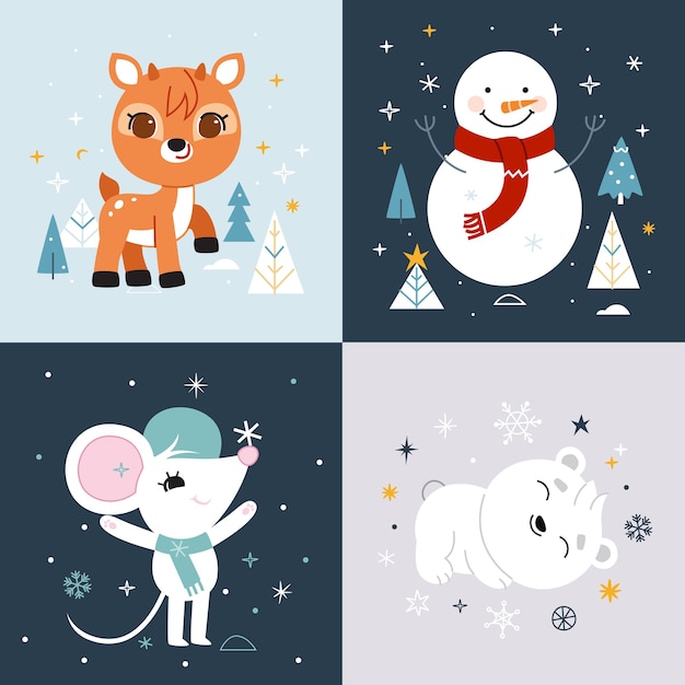 かわいい冬のキャラクターの動物イラスト集 プレミアムベクター