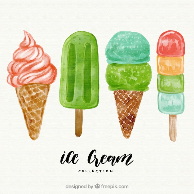 Collection of delicious ice creams painted with\
watercolor
