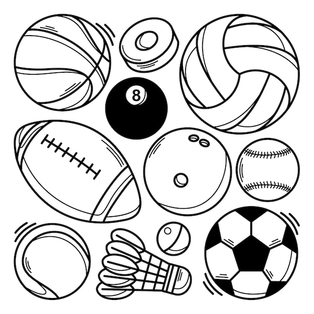 さまざまな種類のスポーツボールの落書きのコレクション プレミアムベクター