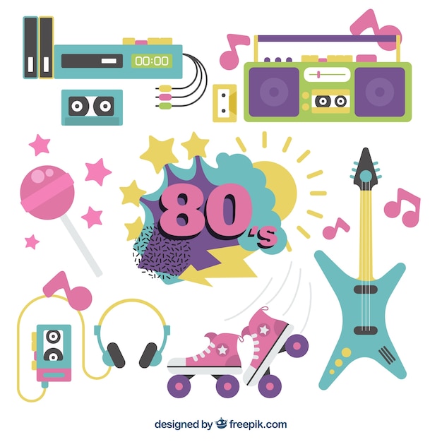 Collection Of Eighties Objects In Flat Design Vector 