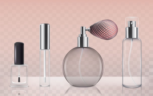 Collection of empty glass cosmetic bottles in\
realistic style