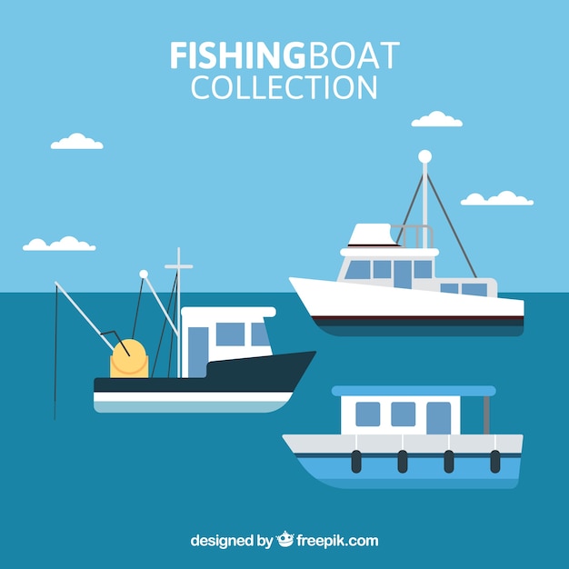 Collection of fishing boats in flat
design