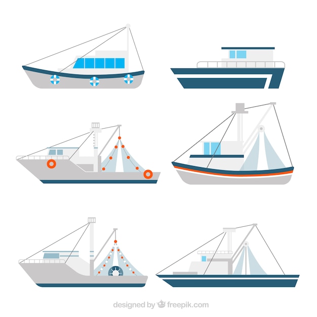Collection of fishing boats in flat\
design