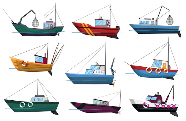 白い背景に分離された漁船側面のコレクションです 産業用魚介類の生産図の商業漁船 海釣り 船の海洋産業 漁船 プレミアムベクター