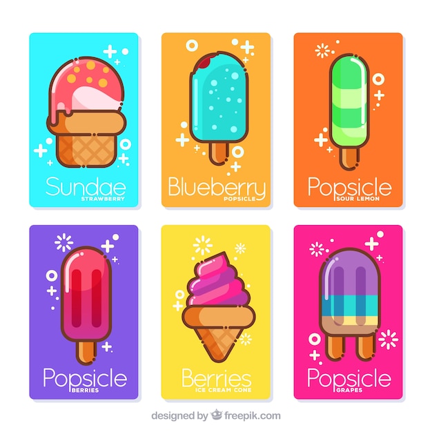 Collection of flat cards with different ice\
creams