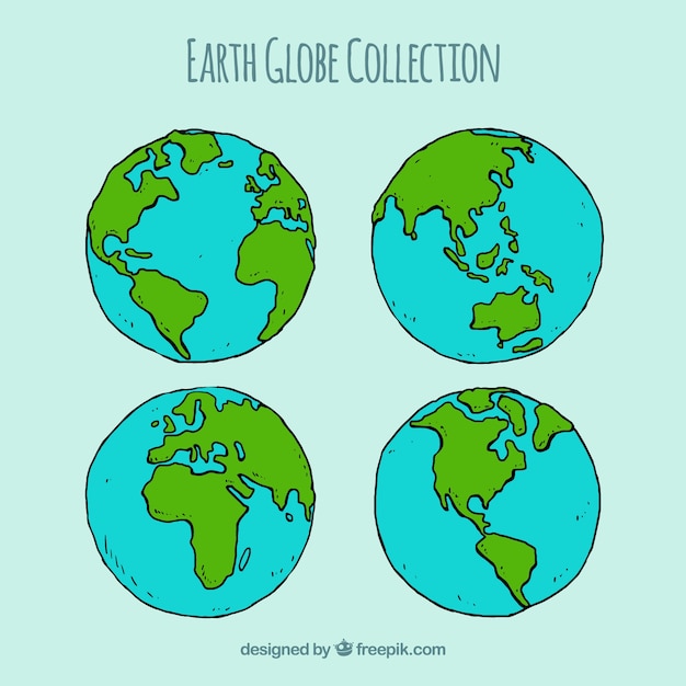 Collection of four earth globes in hand-drawn\
style