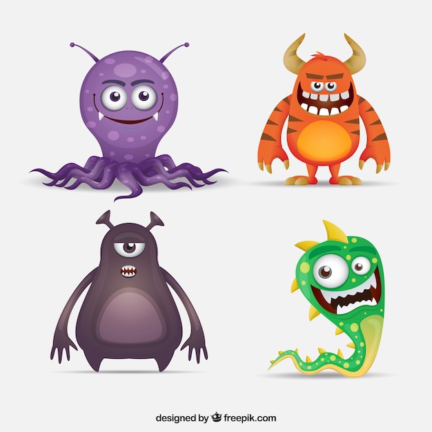 Collection of four funny monster characters - Stock Image - Everypixel