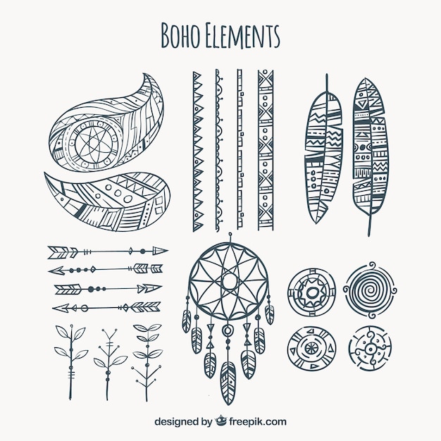 Collection of hand drawn boho elements Free Vector